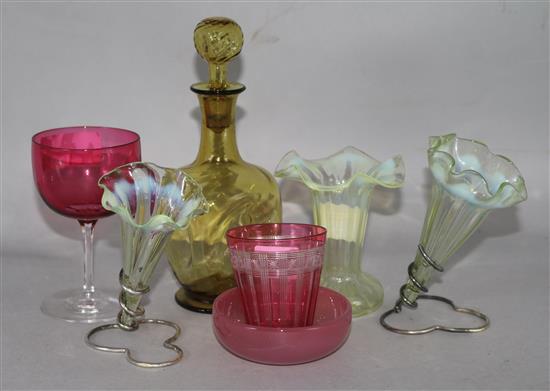 A group of Victorian glass to include three vaseline trumpet vases, a dish, two glasses and a liqueur decanter